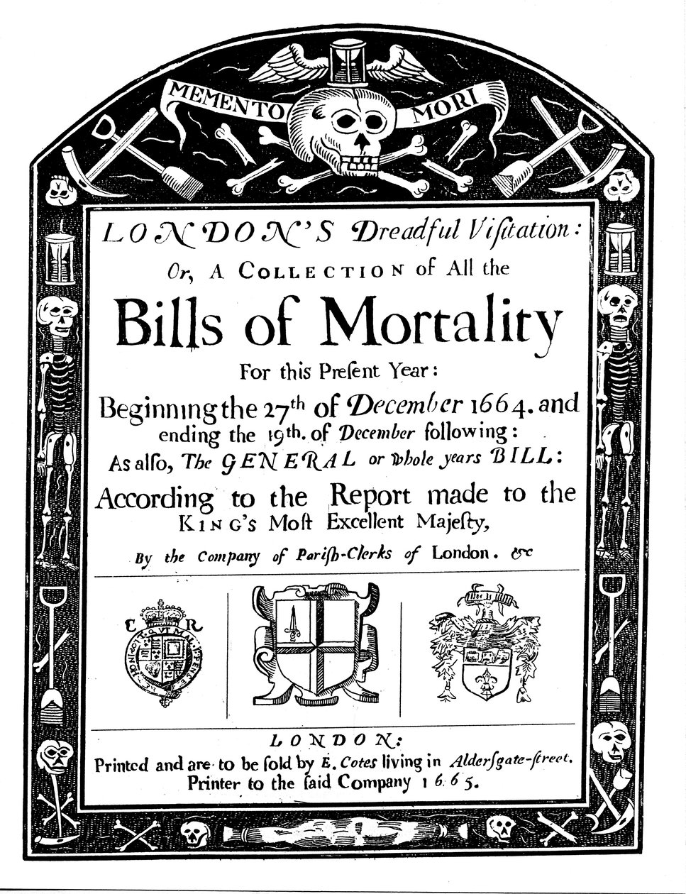 1664-1665年の大疫病の期間の一部をカバーするロンドンの死亡手形 作： 不明