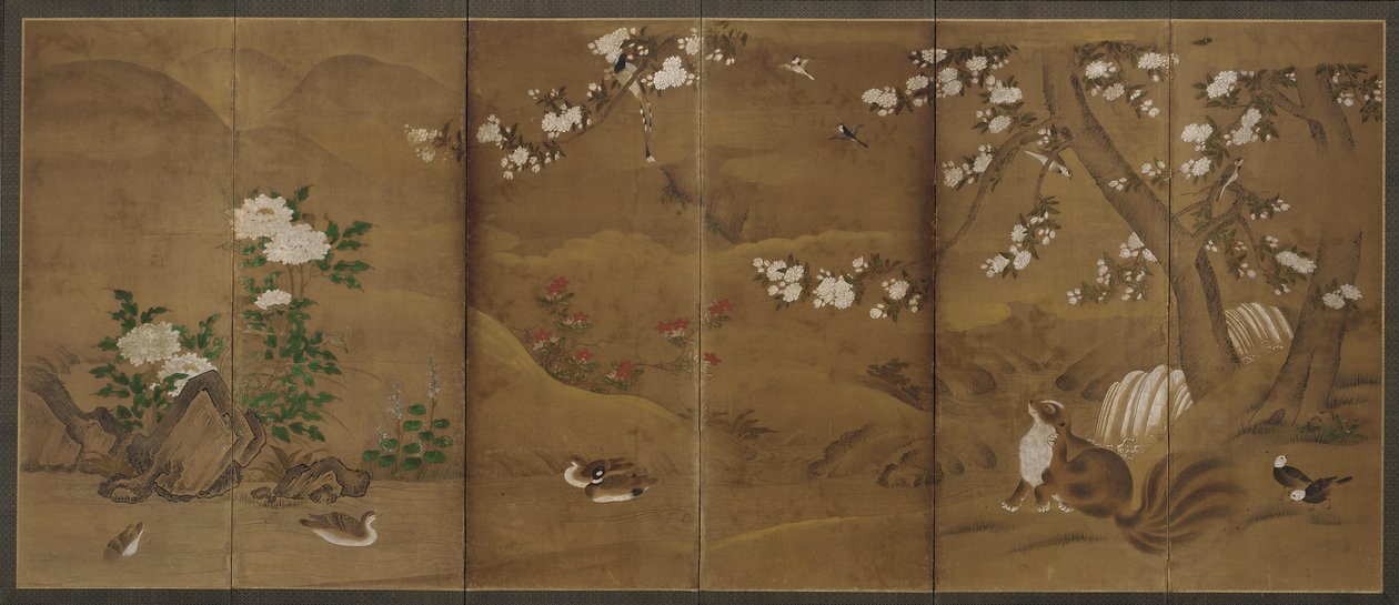鳥、季節の花、ジャコウネコ、室町または桃山時代、16世紀. 作： 不明