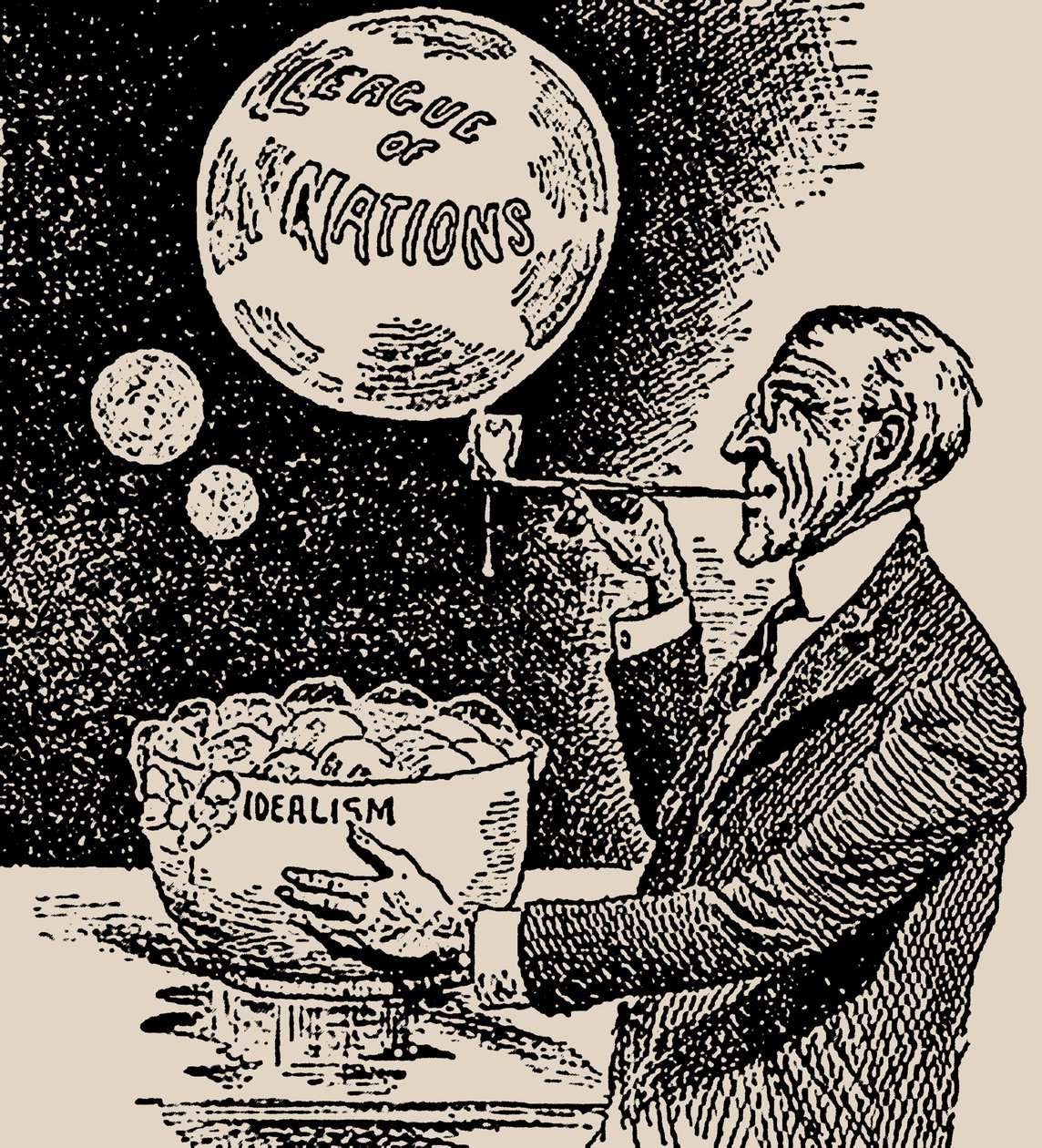 泡を吹く。ウッドローウィルソンと国際連盟、1919年。 作： 不明