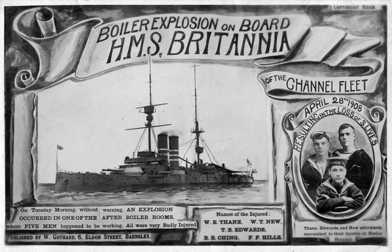 HMSブリタニア号でのボイラー爆発、1908年4月28日 作： 不明
