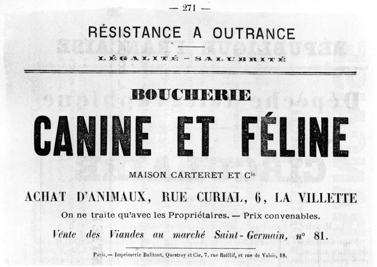 1871年5月のパリのコミューンのフランスの政治ポスターからのBoucherie Canine et Feline 作： 不明