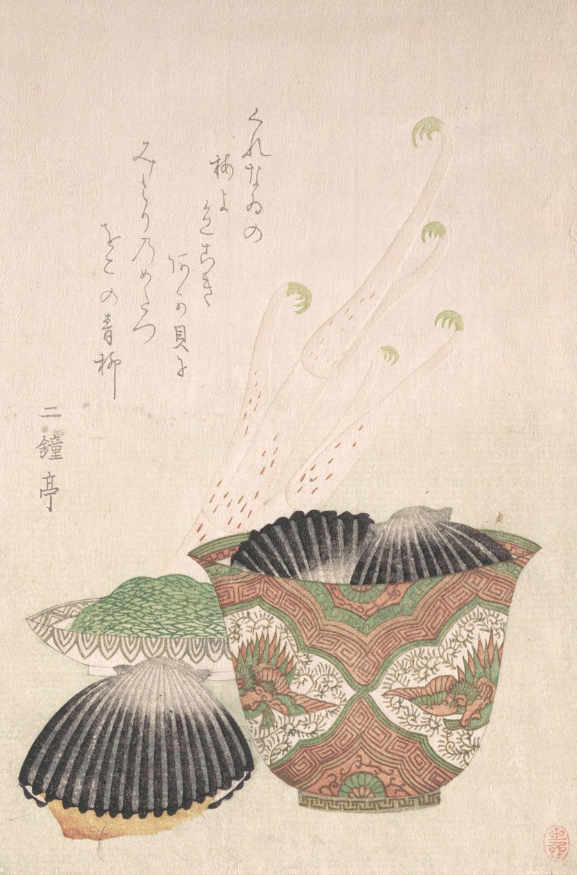 18～19世紀の黒貝とウド植物の鉢。 作： 不明