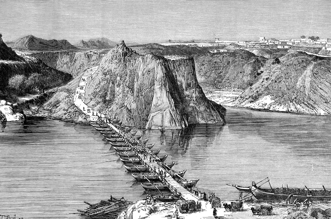 1895年にパキスタンのKhushalgarhでインダス川に架かる船の橋 作： 不明