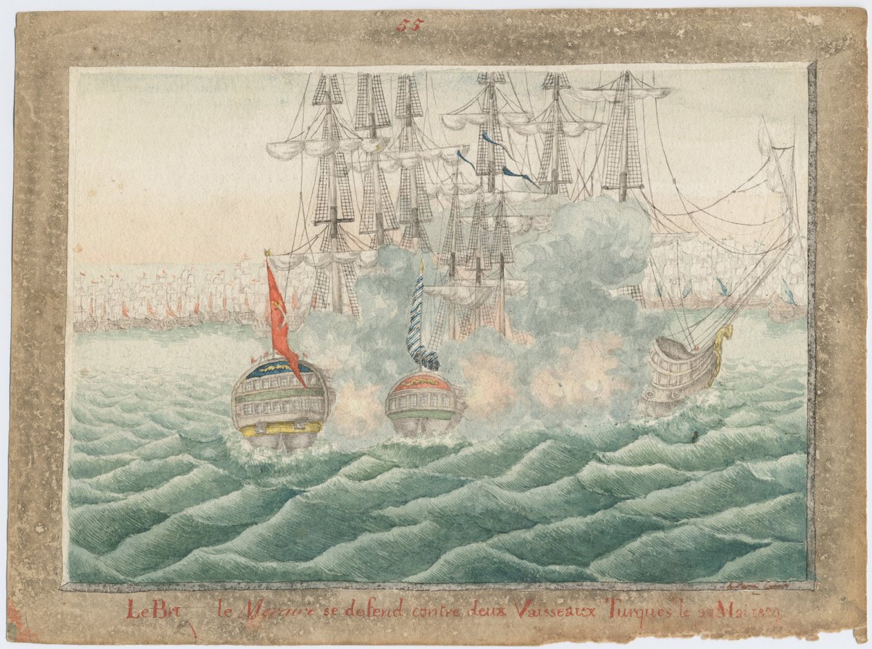 1829年、1829年5月14日にトルコの2隻の船と戦うブリークマーキュリー 作： 不明