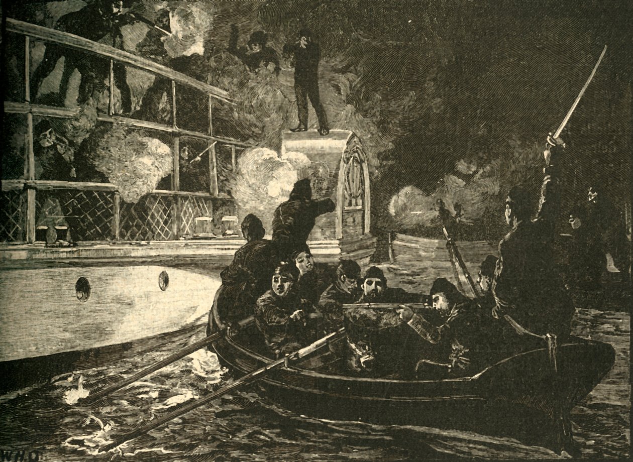 1837年の1890年、ナイアガラ川でカナダの反乱軍船キャロラインを占領したイギリス軍。 作： 不明