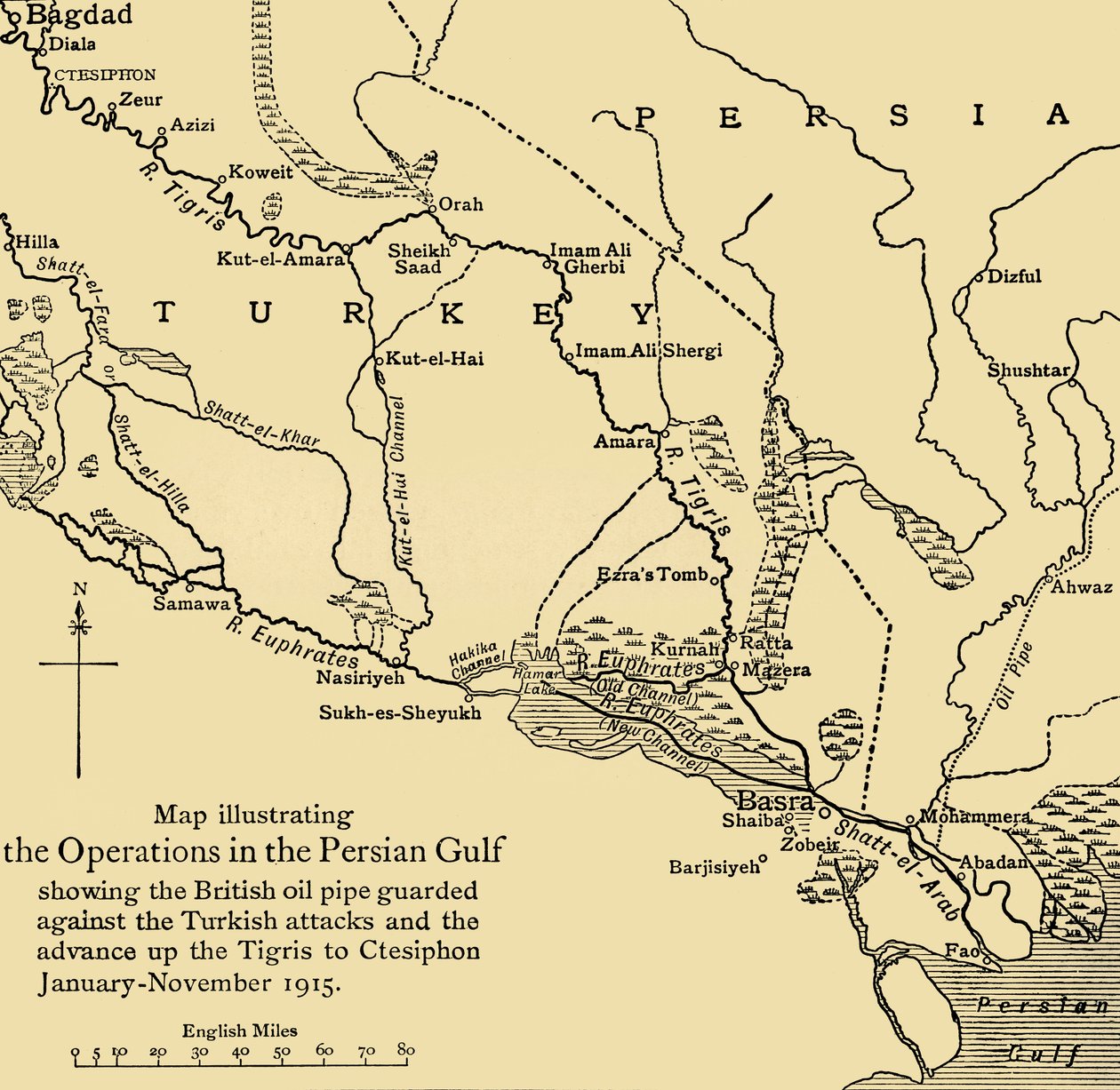 中東のイギリスの石油パイプライン、第一次世界大戦、1915年、c1920。 作： 不明
