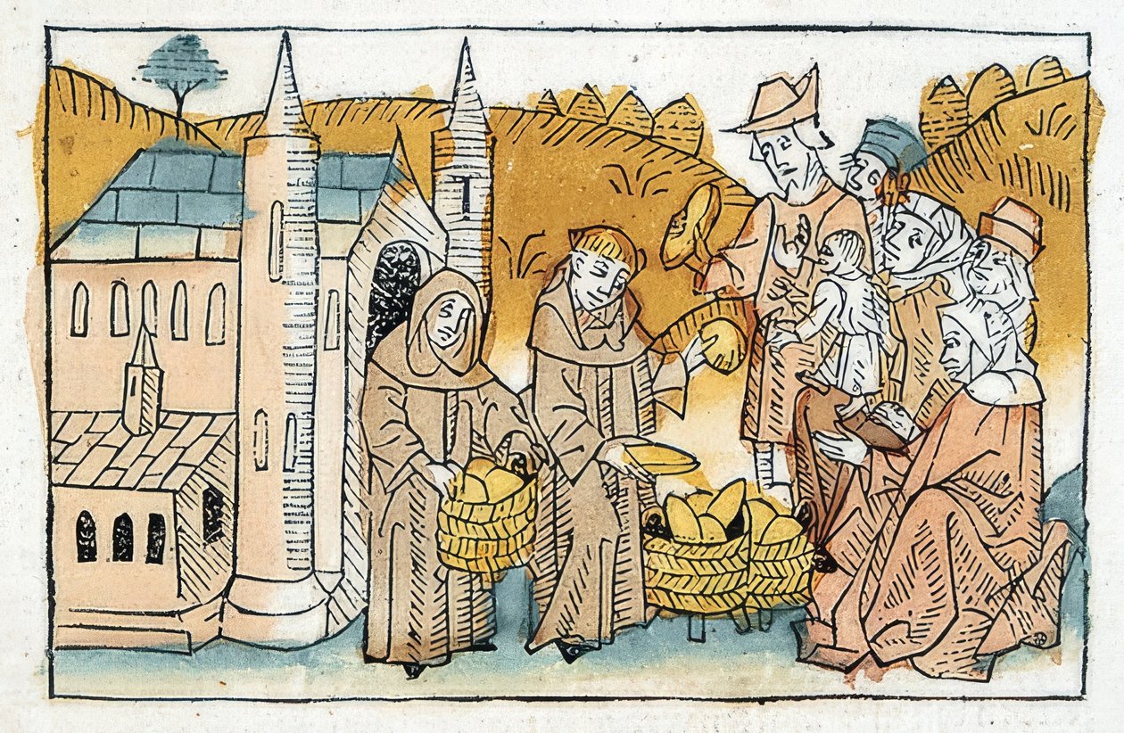 修道院の兄弟による貧しい人々へのパンの配布。 1477年頃 作： 不明