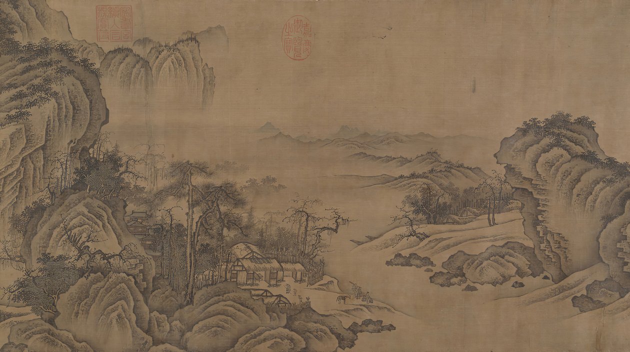 14 世紀の秋の山の中にある仏教寺院。 作： 不明