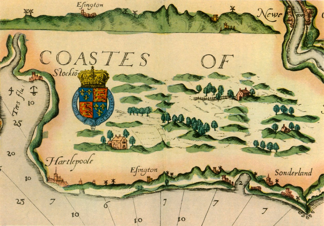 イギリスの北東海岸の目印としての風車を示す図、1588 年、1947 年。 作： 不明