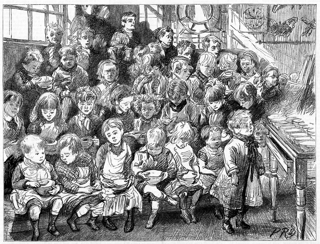 夕食時にスープを待つ子供たち、ロンドンボードスクール、デンマークテラス、イズリントン、1889年 作： 不明
