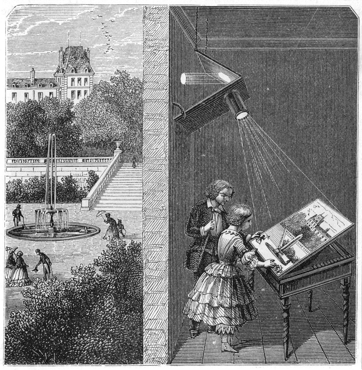 カメラオブスクラを通して屋外のシーンを見ている子供たち、1887年 作： 不明