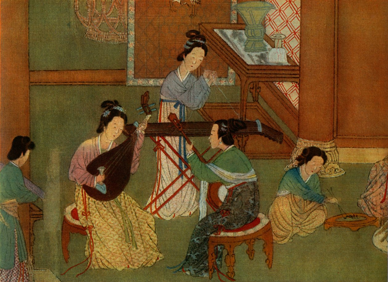 中国のリュートパイパ、ムーンギターユエチン、テーブルツィターチン、シルクの絵画の詳細 作： 不明
