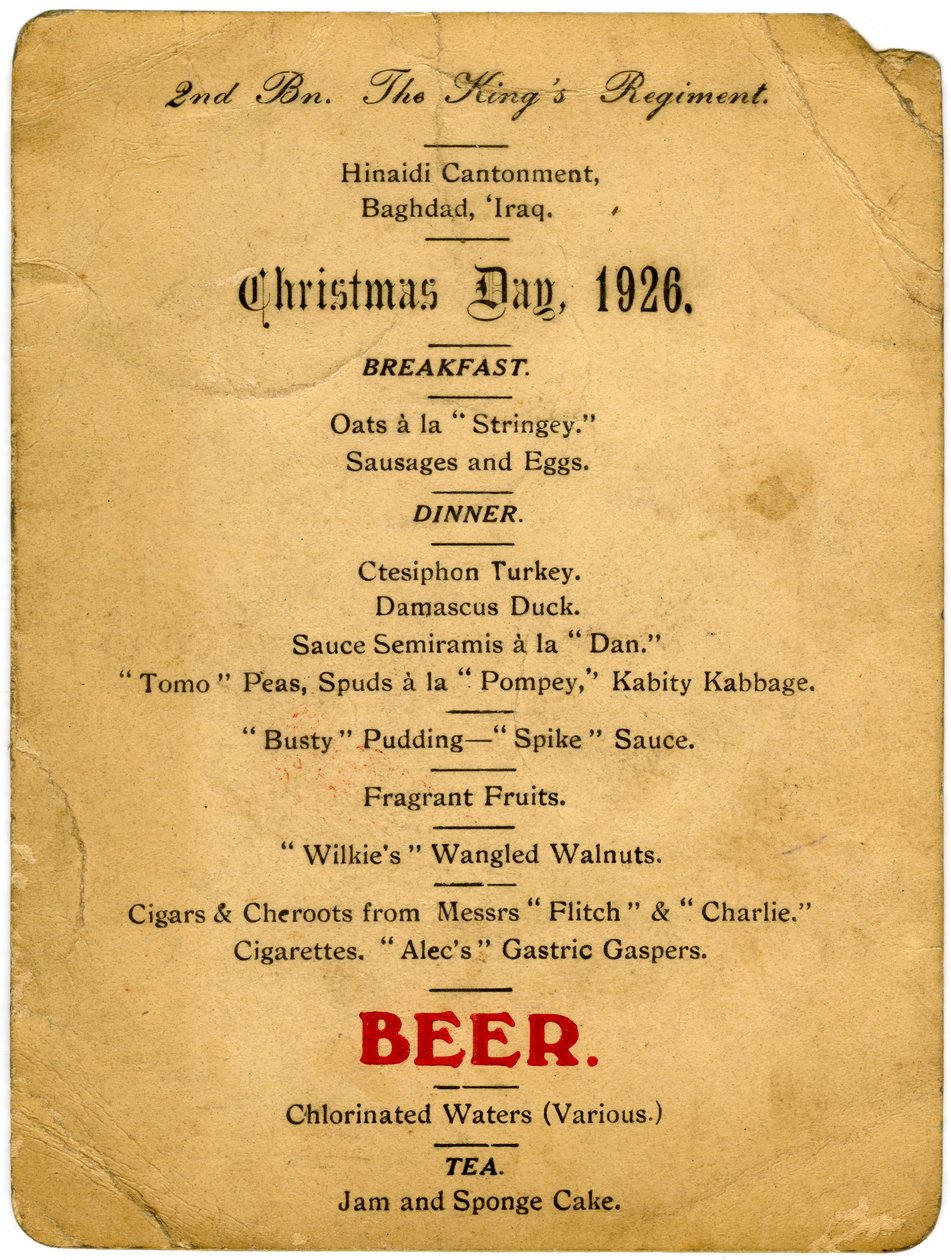 クリスマスの日メニュー、第2大隊、キングス連隊、イラク、1926 作： 不明