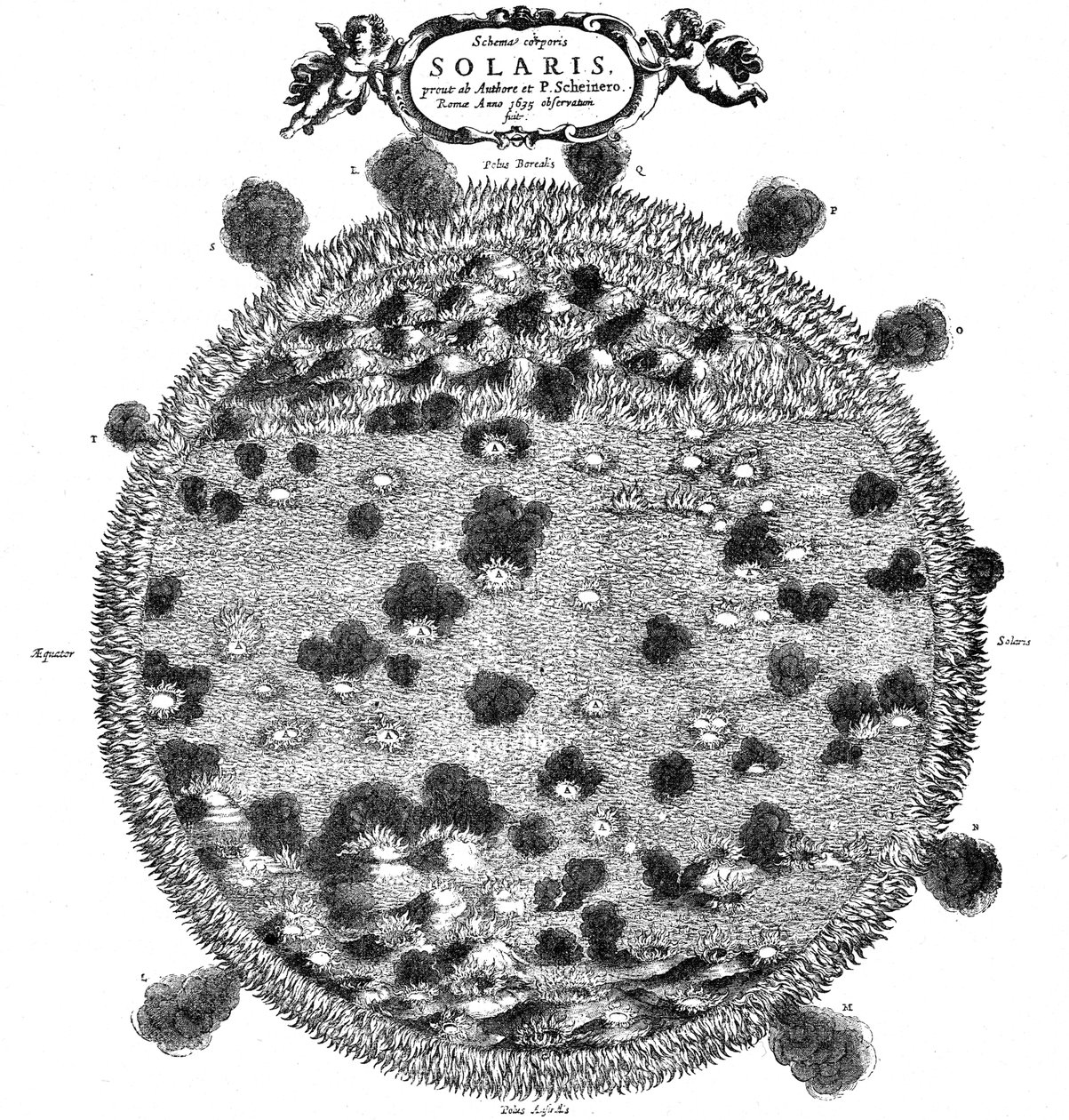 1635年の太陽の表面に関する彼のアイデアのクリストファーシャイナーズのイラスト 作： 不明