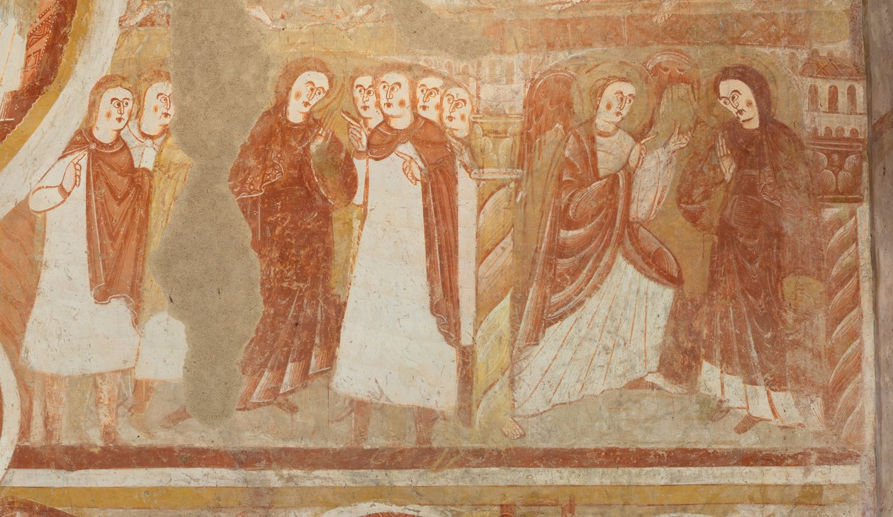 教会（Église Saint-Martin）。内部の様子。壁画（フレスコ画）。身廊の西壁。詳細。聖母の告発と受胎告知。12世紀の作品。 作： 不明