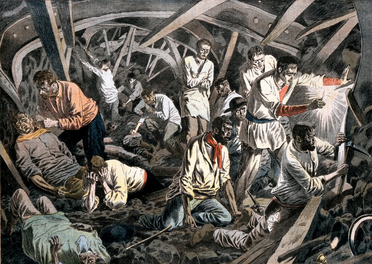 屋根の落下によって地下に閉じ込められた炭鉱夫、Courrieres鉱山、Pas-de-Calais、フランス、1906 作： 不明