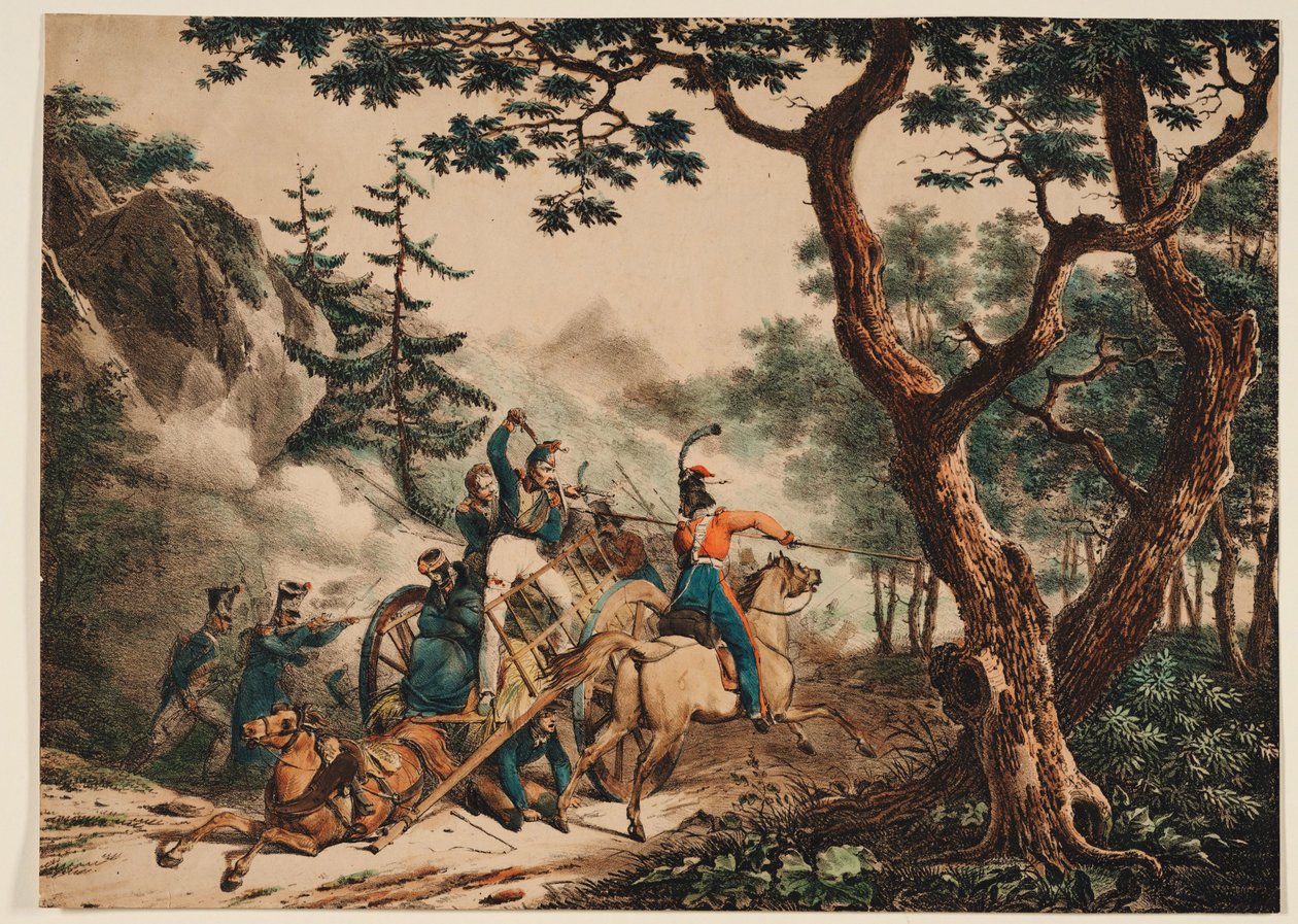 1825年、森の中でフランスの兵士を攻撃するコサック 作： 不明