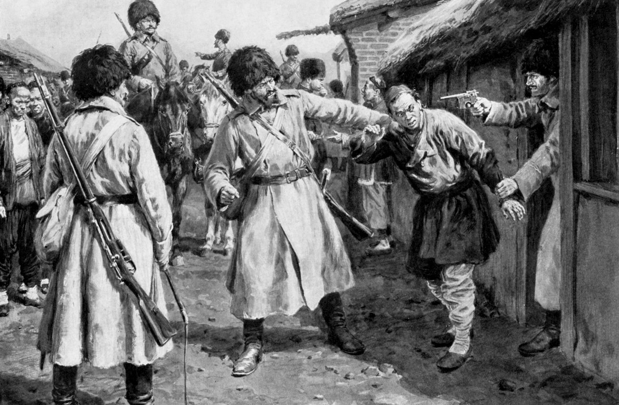 1904〜5年の日露戦争、満州の村で日本人のスパイを探すコサック 作： 不明