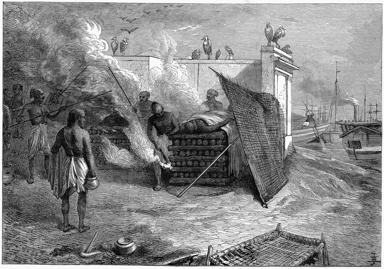 1879年、インドのカルカッタにある火葬場での死者の火葬 作： 不明
