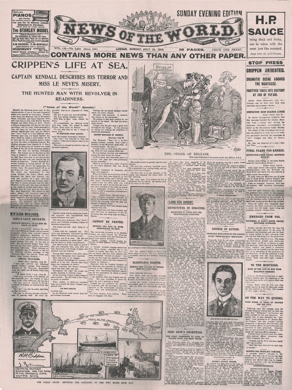 Crippens Life at Sea、1910年7月31日、世界のニュースのフロントページ。 作： 不明