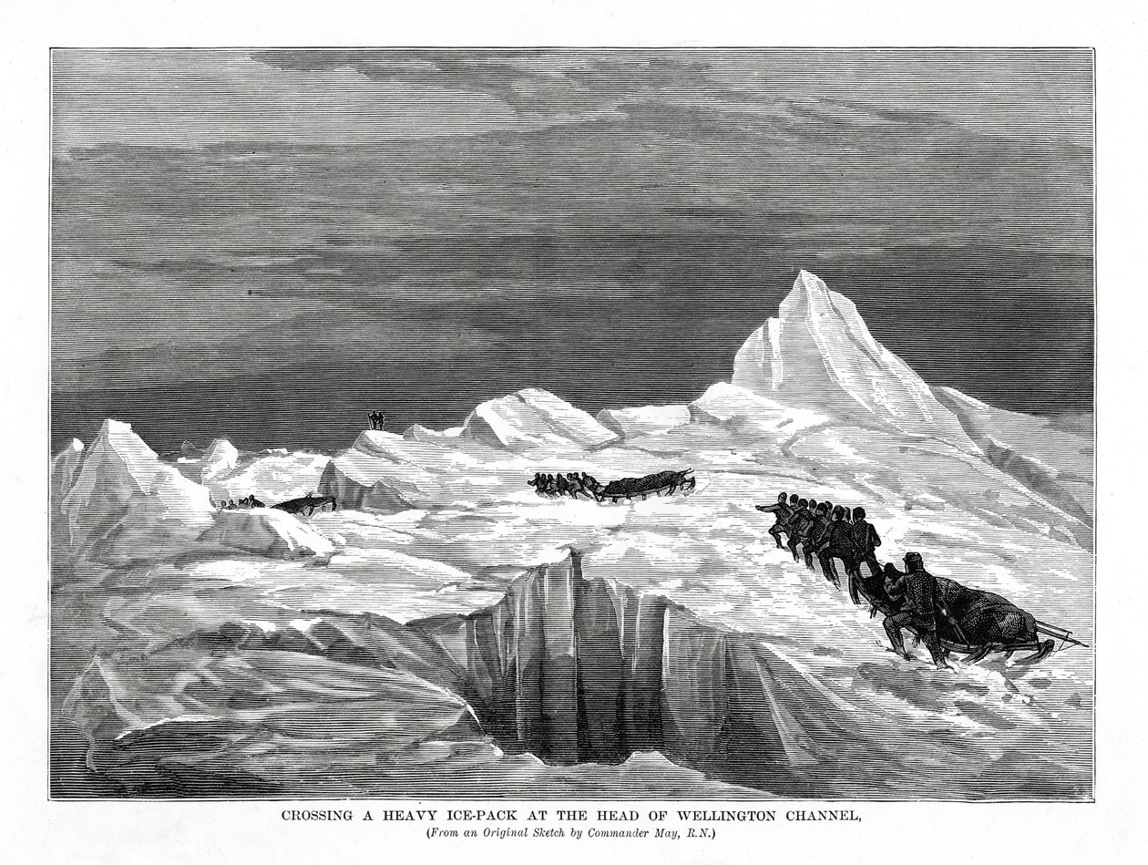 ウェリントン海峡の頭で重い氷塊を渡る、1877年 作： 不明
