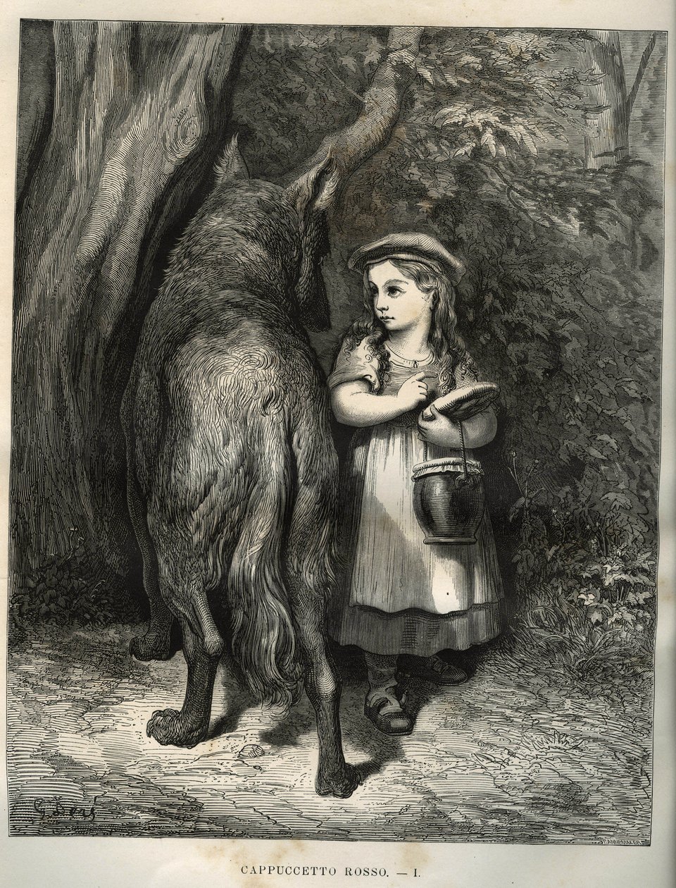 森を越えて、赤ずきんちゃんは狼に出会う。シャルル・ペロー（1628-1703）の「コンテ」からギュスターヴ・ドーア（1832-1883）が描いた版画。 作： 不明