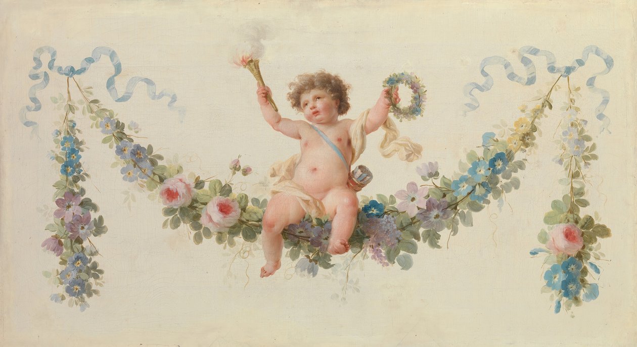 花輪に座るキューピッド、1770～90年。 作： 不明