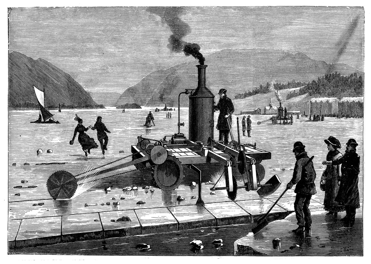 カナダのセントローレンス川で氷を切断する、1894年の蒸気式のこぎりを使用 作： 不明