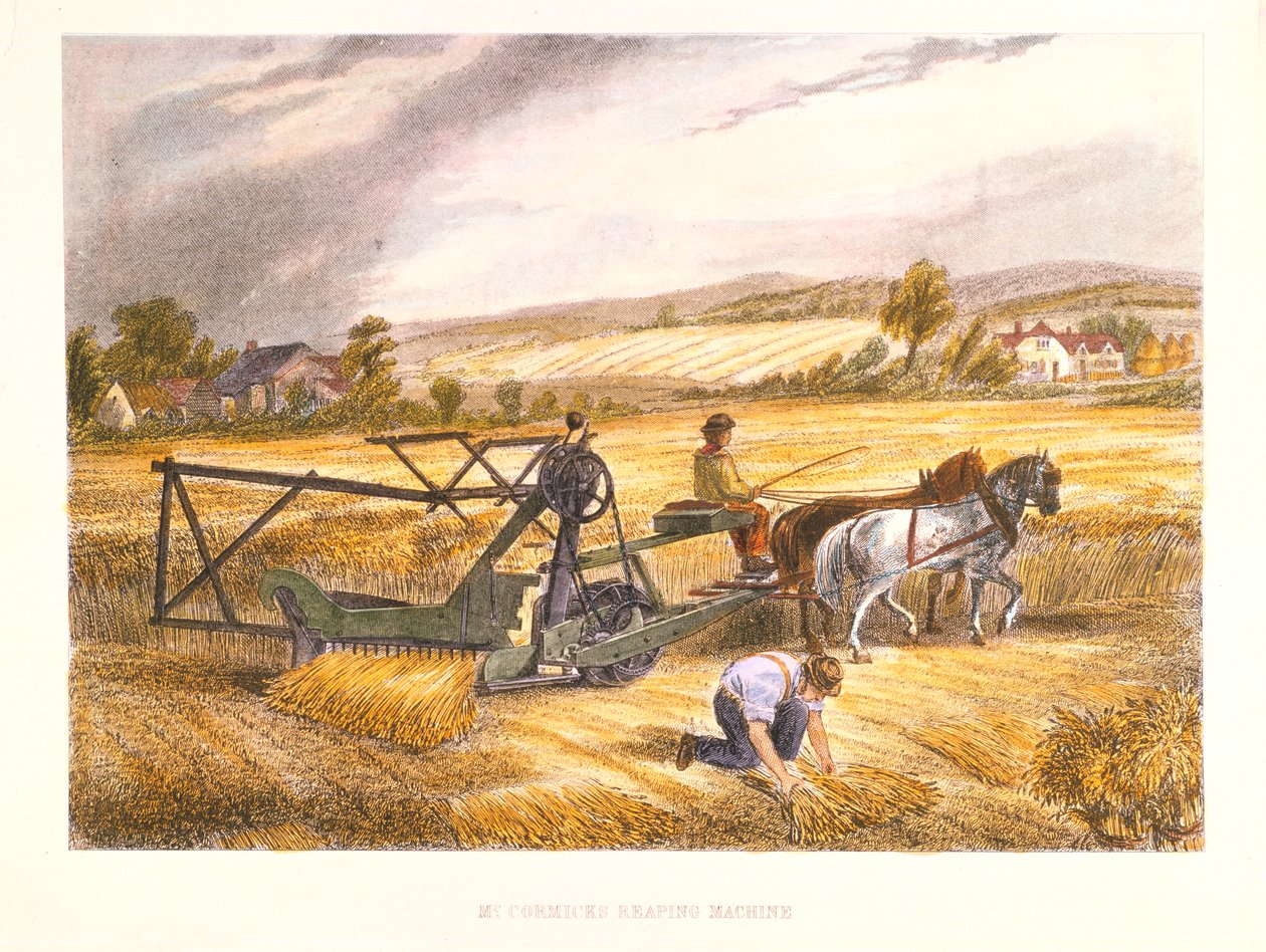Cyrus McCormicksは、1833年に特許を取得した1834年、c1851の刈取機です。 作： 不明