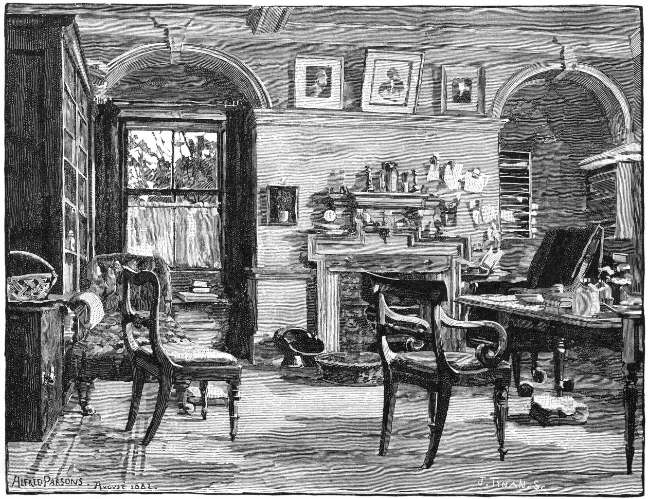 ダーウィンは1883年、ケント州ベッケナムの近くにある彼の家、ダウンハウスで勉強します。 作： 不明