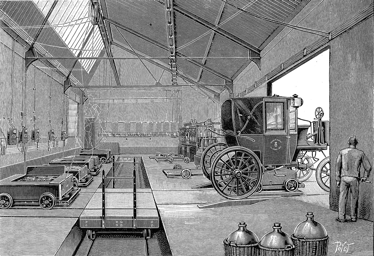 1899年に電動のパリのタクシーに充電済みのバッテリーが取り付けられた倉庫 作： 不明