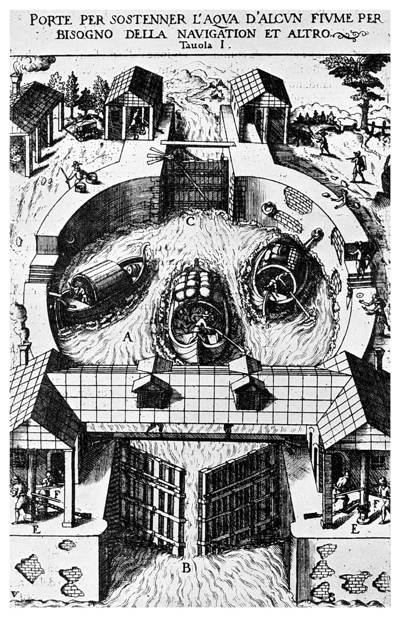 ヒンジ付き運河ロックゲートの設計、レオナルドダヴィンチ、15世紀1956 作： 不明