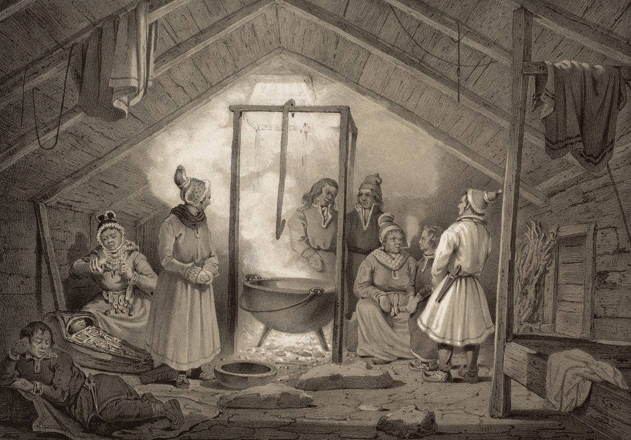 フィンランドの農家のコテージの内部。図版は「Norge fremstillet i Tegninger av Asbjørnsen, P.Chr. og utgitt av Chr.Tønsberg」（no, 1848）から引用したものです。
日曜日はSamiにイヤーハウスを着せました。「木造の小屋（...）は、Sölapperneの中で例外的にしか見られません。 作： 不明