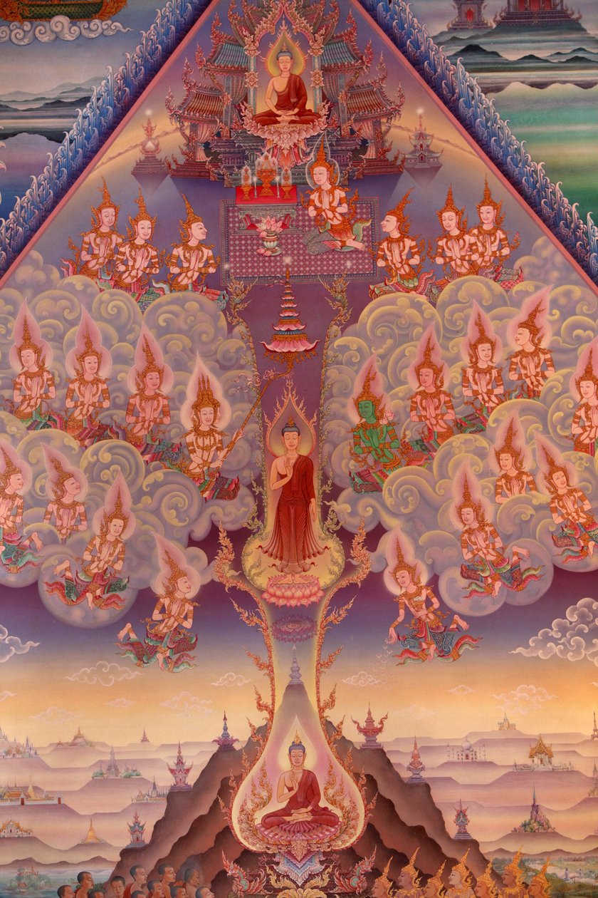 グラン・ブルターニュ地方ウィンブルドンにあるブッダパディパ寺院のウポサタ（祠堂）の壁画の詳細 作： 不明