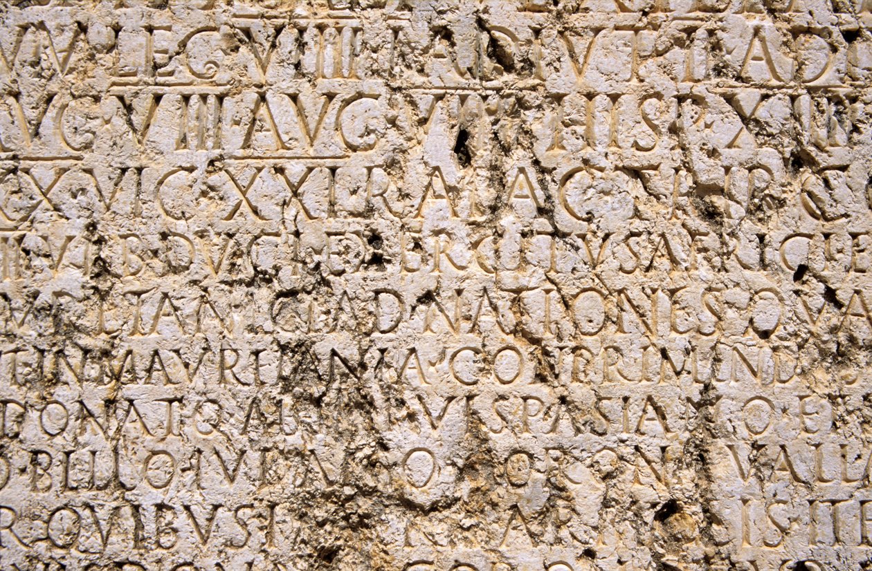 ローマ時代の神殿群の碑文の詳細（写真 作： 不明