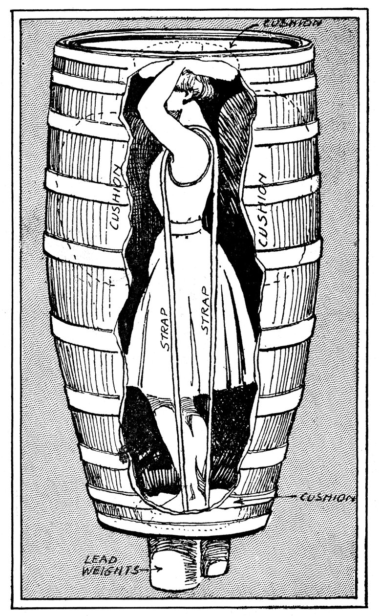 1901年にナイアガラの滝の上に飛び込んだ樽に入ったアンエドソンテイラー夫人の図 作： 不明