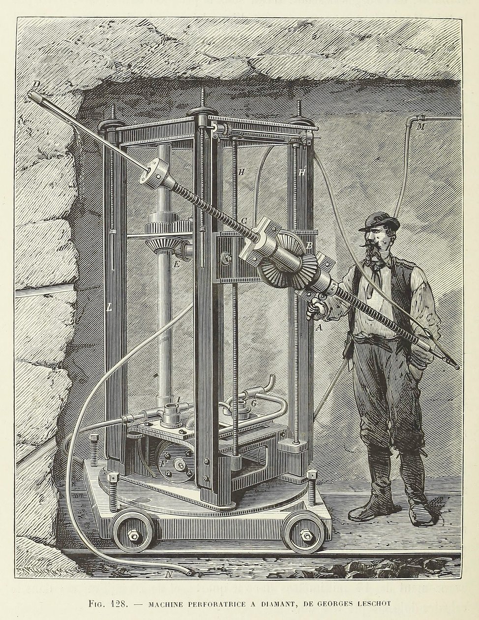 パブのジョルジュ・レショーが設計したダイヤモンド掘削機。 1883 年の彫刻、1883 年。 作： 不明