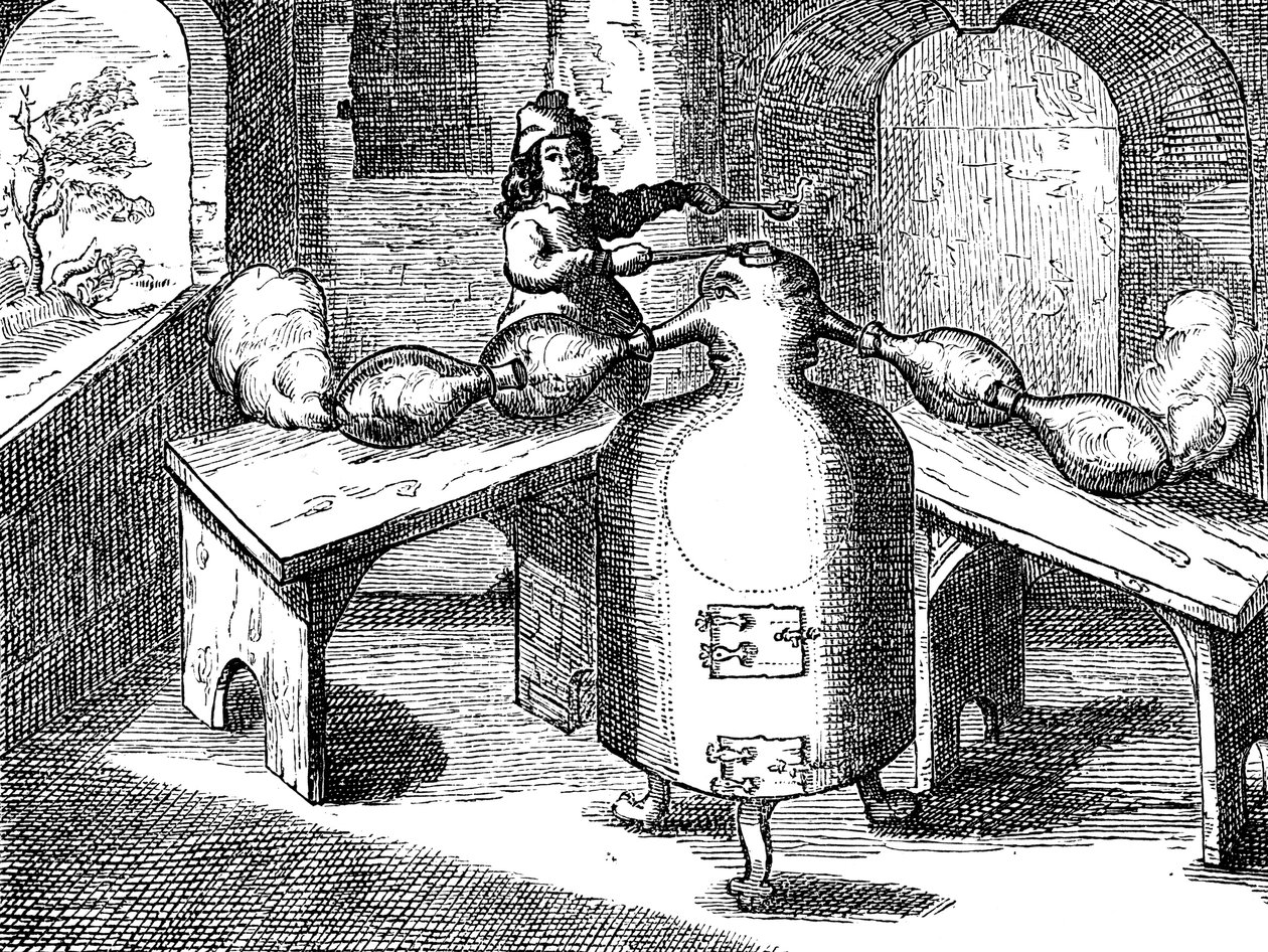 1689年の2人の鼻を持つ鉄人における硝酸アクアフォルティスまたは別れ酸の蒸留 作： 不明