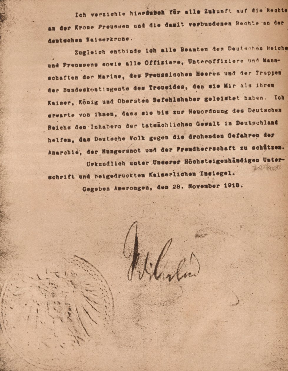 1935年11月9日、ドイツのカイザーヴィルヘル2世の退位を確認する文書。 作： 不明
