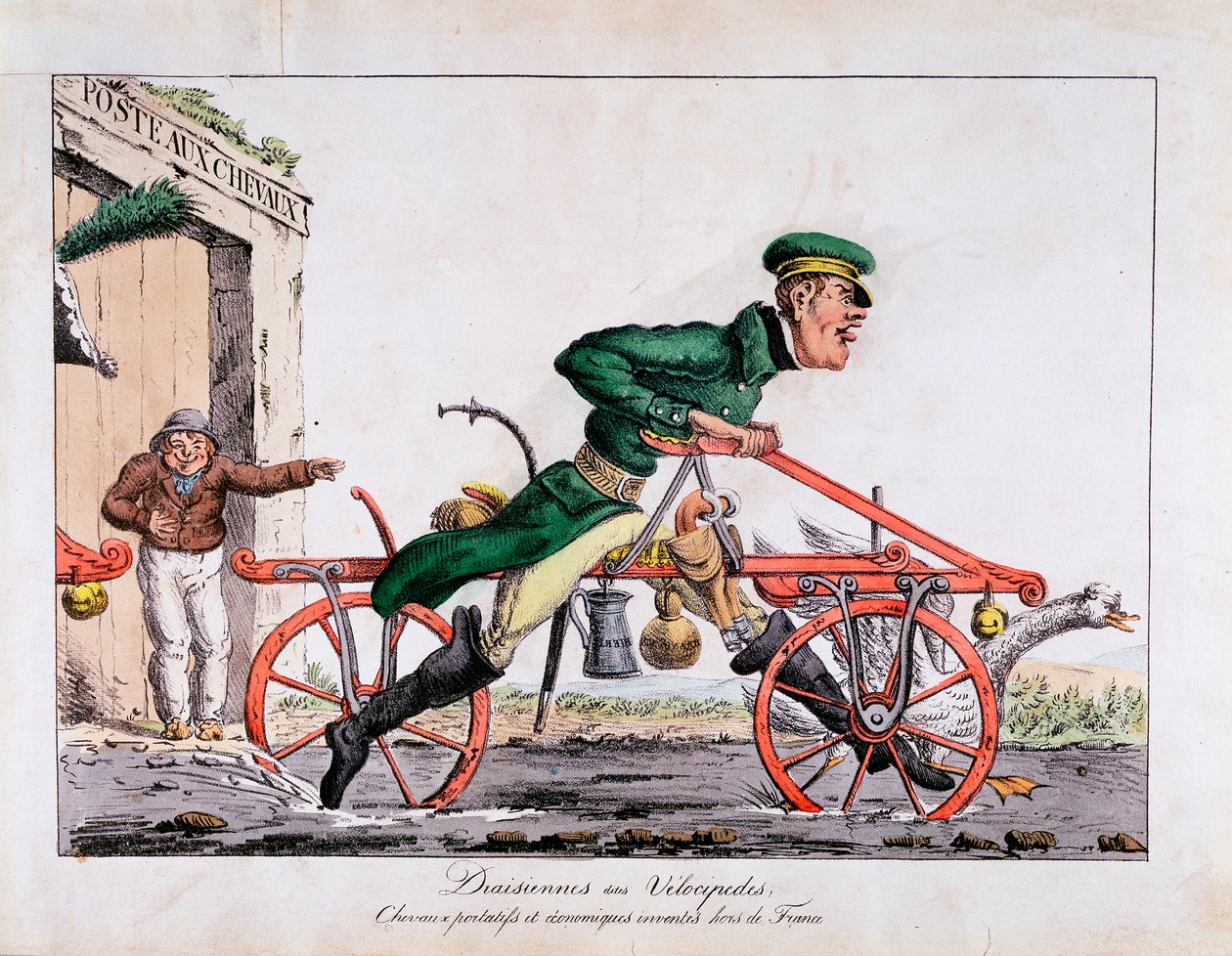 1818年のフランスの郵便局で馬を入れ替えていることを示したDraisienneまたはvelocipede 作： 不明