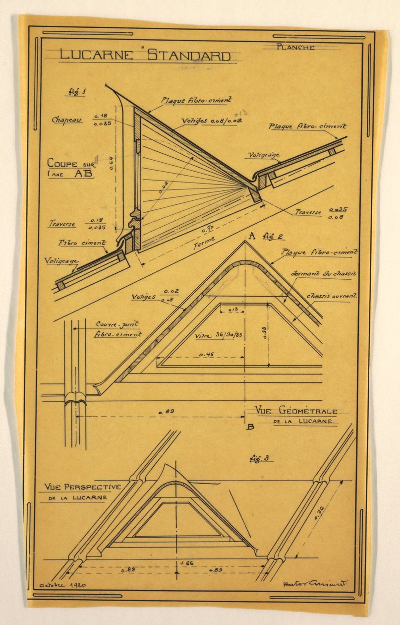 図面、ヘクトール・ギマールが設計した大衆住宅の設計、天窓の建設、1920年10月 作： 不明
