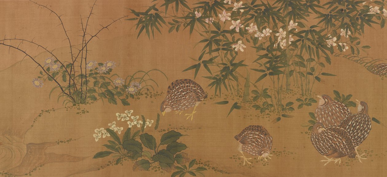 カモ、花、ウズラ、明代、1368～1644年。 作： 不明