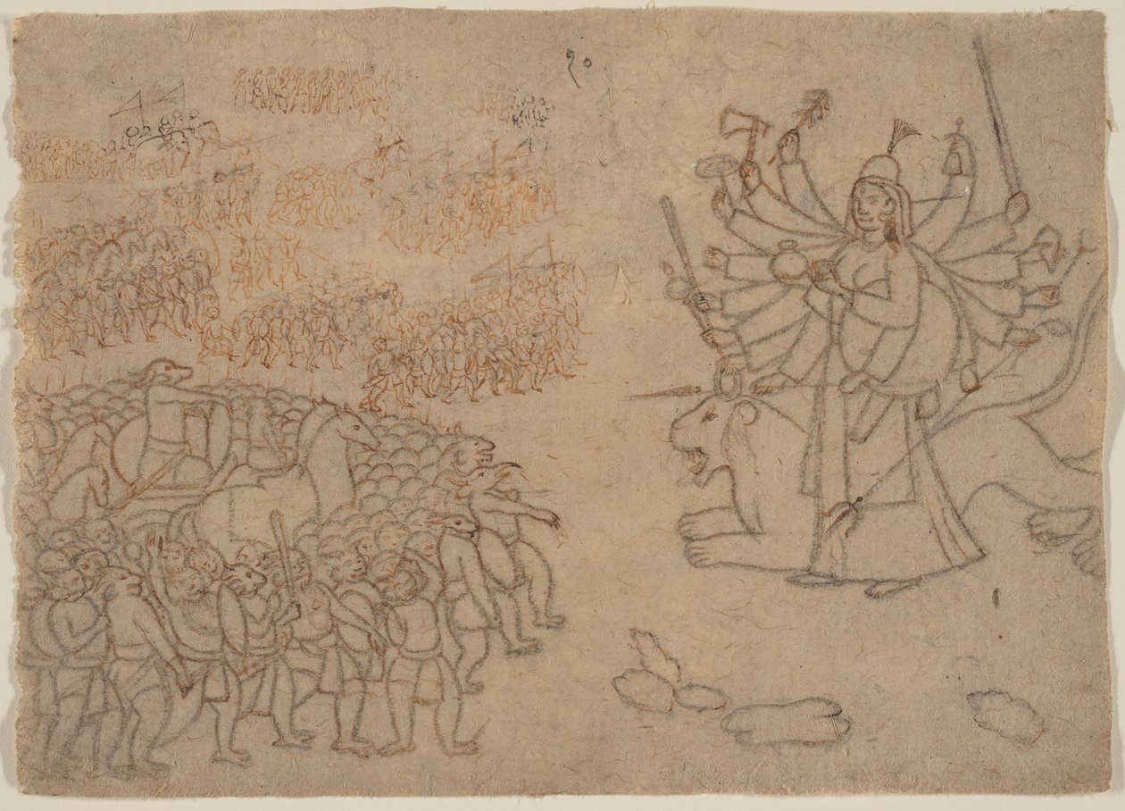 悪魔チクシュラの軍勢に立ち向かうドゥルガー：『デヴィ・マハトミー』の一場面（1780年頃）。 作： 不明
