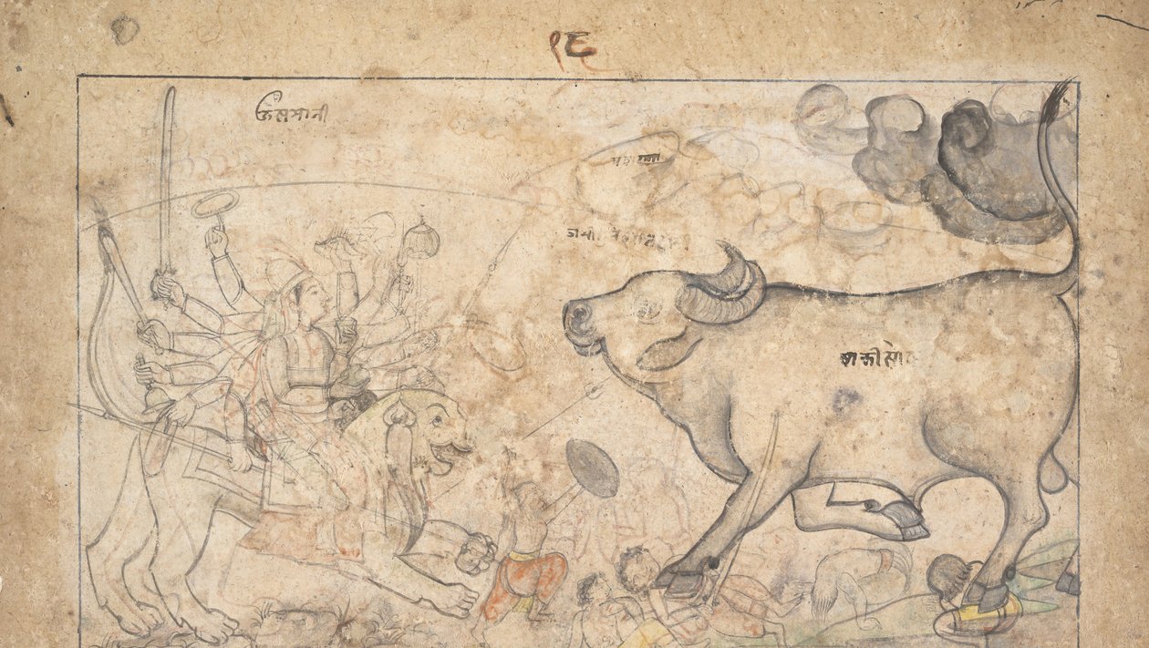 ドゥルガーが水牛の悪魔マヒシャに立ち向かう: デヴィ マハトミヤの場面 1780年。 作： 不明