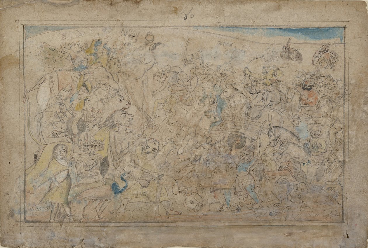 ドゥルガー、カーリー、5人のマトリカが、悪魔シュンバのダイティア軍と戦う...1780年頃 作： 不明