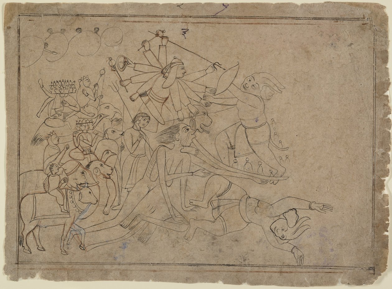 ドゥルガー、カーリー、マトリカが悪魔のラクタビジャと戦う: デヴィ マハトミヤのシーン 1780年。 作： 不明