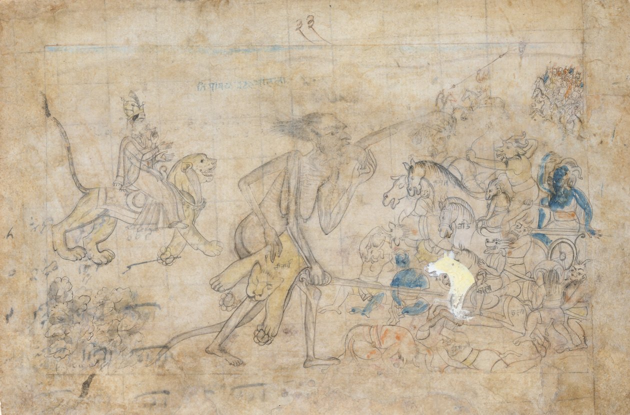 ドゥルガーとカーリー、チャンダとムンダの集結した軍隊に接近… 1780年。 作： 不明