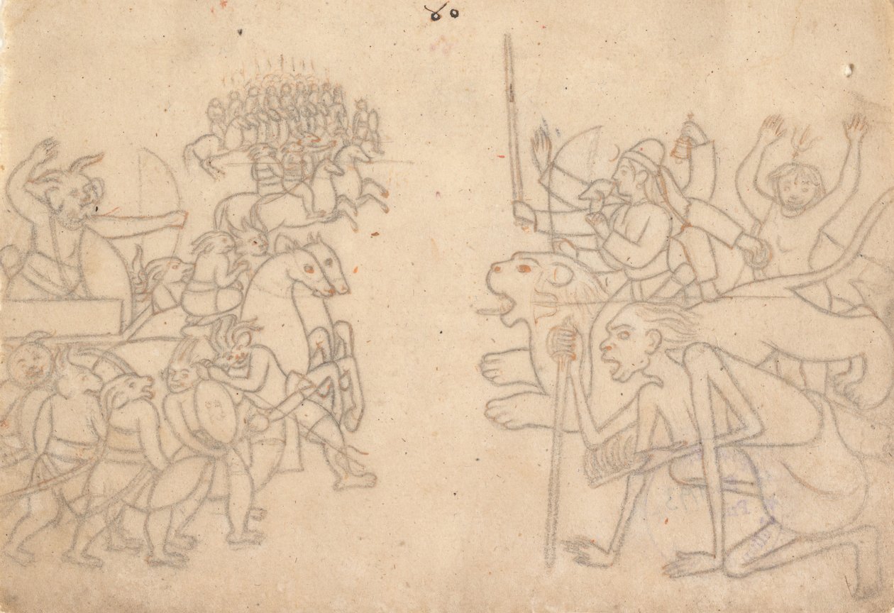 チャンダとムンダの集合軍に迫るドゥルガーとカーリー...デヴィ・マハトミーア、1780年頃。 作： 不明