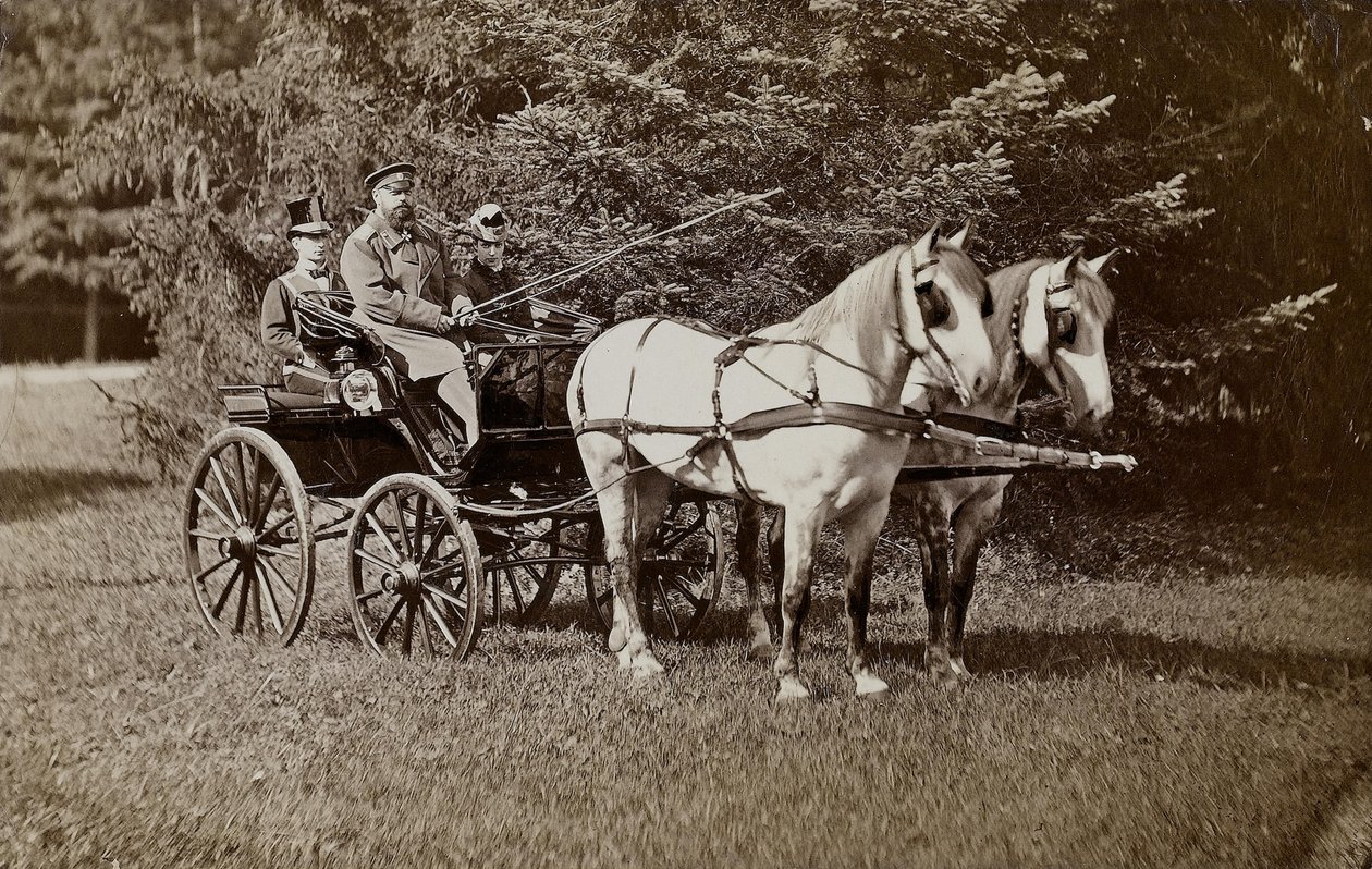 馬車に乗った皇帝アレクサンドル3世（1845-1894）と皇后マリア・フョードロヴナ（1847-1928）。 作： 不明