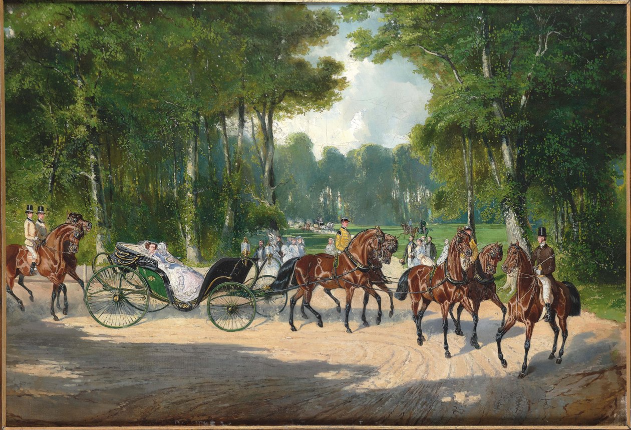 ウィーンのプラーターで馬車に乗る皇后エリザベート（1860年頃）。 作： 不明